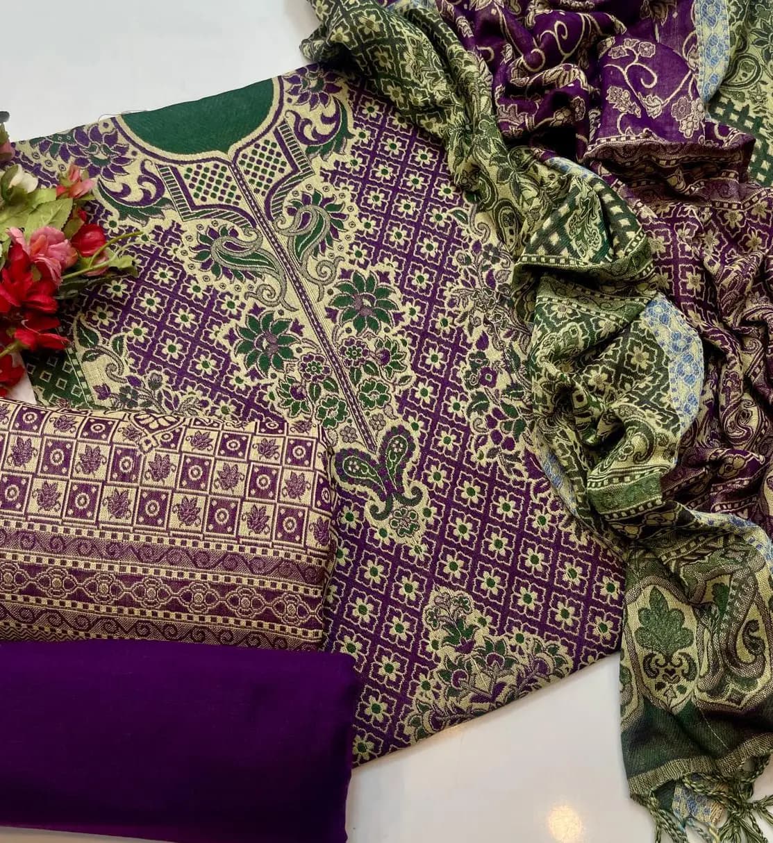 3 Pc Jamawar Kashmiri Wool Dress - Winter Collection